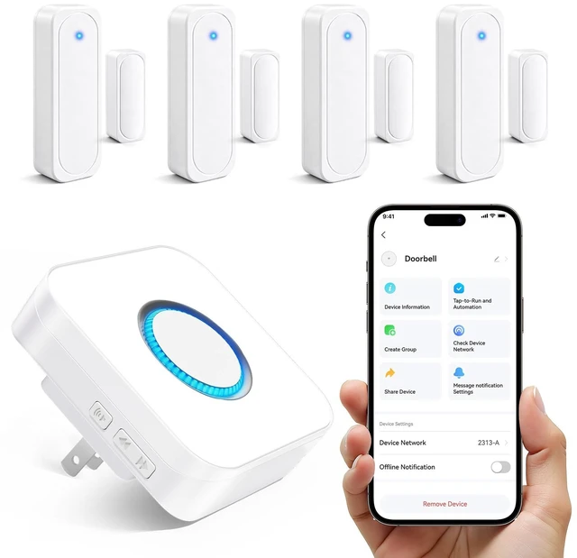 Main image of 4 in 1 Smart WiFi Door Chime When Door Opens Entry Alarm for Security/Kids | 600FT, 32 Chimes, 5 Volumes & 3 LED Modes, 2.4 GHz Only, Plug-in,Alerts via Tuya/Smart Life, Expand to 32 Sensors