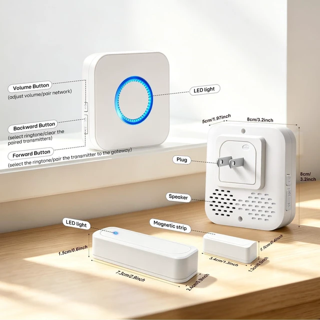 Alt view image 2 of 7 - 4 in 1 Smart WiFi Door Chime When Door Opens Entry Alarm for Security/Kids | 600FT, 32 Chimes, 5 Volumes & 3 LED Modes, 2.4 GHz Only, Plug-in,Alerts via Tuya/Smart Life, Expand to 32 Sensors