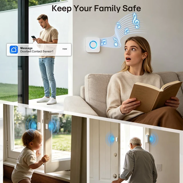 Alt view image 4 of 7 - 4 in 1 Smart WiFi Door Chime When Door Opens Entry Alarm for Security/Kids | 600FT, 32 Chimes, 5 Volumes & 3 LED Modes, 2.4 GHz Only, Plug-in,Alerts via Tuya/Smart Life, Expand to 32 Sensors