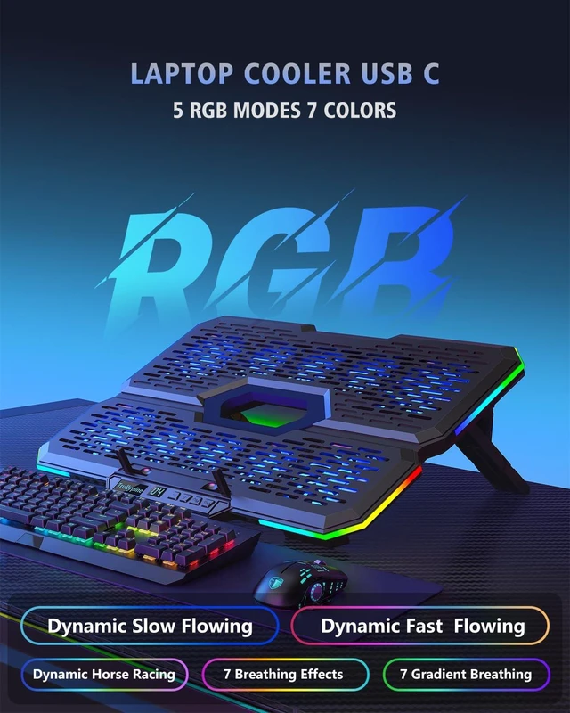 Alt view image 4 of 7 - Laptop Cooling Pad with 10 Fans, Gaming Laptop Fan for 12-18.1 Inch, Laptop Cooler Stand with 7 Adjustable Heights, RGB Light & USB Type-C Notebook Cooling Pad