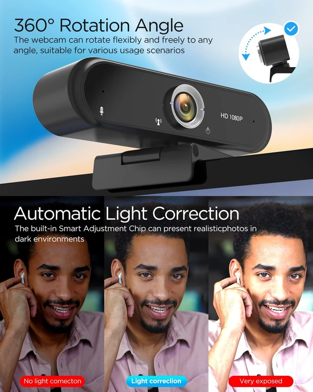 Alt view image 4 of 7 - Webcam 1080P with Microphone & Privacy Cover for PC/Laptop, USB Computer Camera Plug & Play with Auto Light Correction for Video Calls, Live Streaming Gaming & Online Meetings (not Tripod)