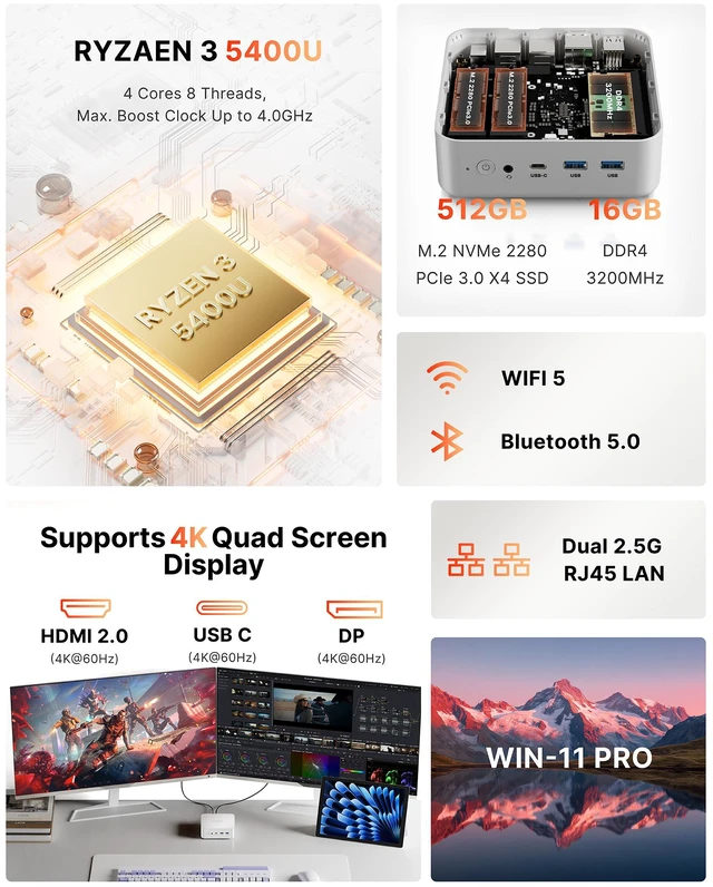 Alt view image 2 of 7 - ORIGIMAGIC N5 Mini PC, Ryzen 3 5400U up to 4.0GHz, 16GB DDR4 RAM 512GB NVMe SSD, Triple 4K Display, Dual 2.5GbE, WiFi 5, Bluetooth 5.0, Dual M.2 Storage Expansion, Small Desktop for Office Business