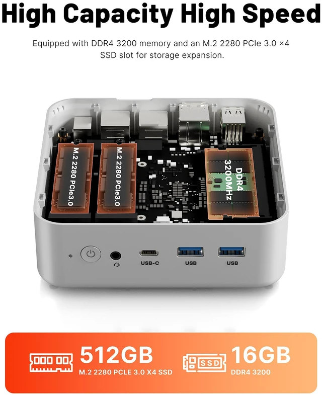 Alt view image 4 of 7 - ORIGIMAGIC N5 Mini PC, Ryzen 3 5400U up to 4.0GHz, 16GB DDR4 RAM 512GB NVMe SSD, Triple 4K Display, Dual 2.5GbE, WiFi 5, Bluetooth 5.0, Dual M.2 Storage Expansion, Small Desktop for Office Business
