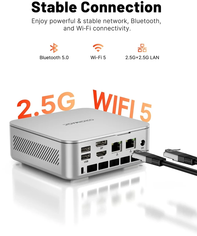 Alt view image 7 of 7 - ORIGIMAGIC N5 Mini PC, Ryzen 3 5400U up to 4.0GHz, 16GB DDR4 RAM 512GB NVMe SSD, Triple 4K Display, Dual 2.5GbE, WiFi 5, Bluetooth 5.0, Dual M.2 Storage Expansion, Small Desktop for Office Business