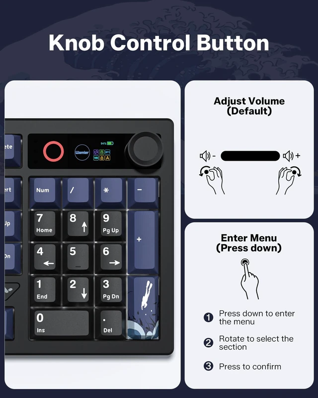 Alt view image 5 of 7 - L98 Wireless Mechanical Gaming Keyboard with Smart Display & Knob | Bluetooth/2.4GHz/USB-C Connectivity, Hot-Swappable Design, RGB Backlighting, Number Pad, Compatible with PC and Mac