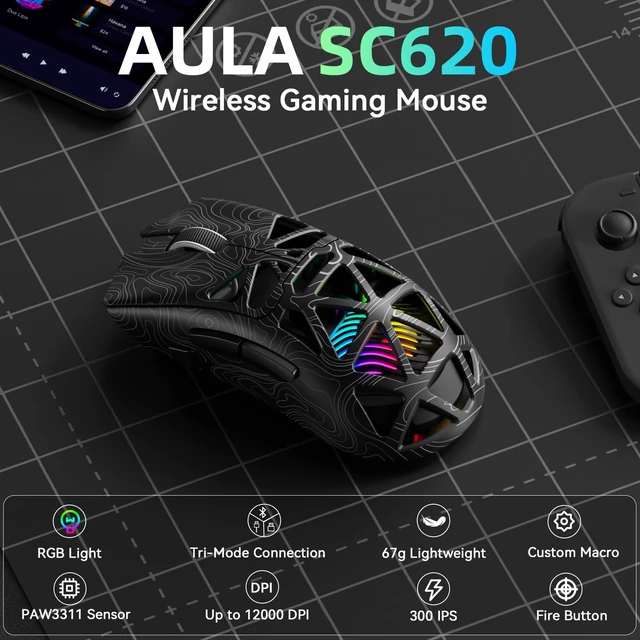 Alt view image 2 of 7 - Aula SC620 Wireless Gaming Mouse, Tri-Mode 2.4GHz/USB-C/BT5.3 Computer Mouse with 12000 DPI, Programmable Macro Gamer Mouse with Rapid Fire Key, RGB Light Gaming Mice for PC/Laptop/Mac