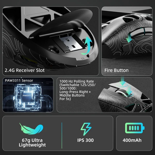 Alt view image 5 of 7 - Aula SC620 Wireless Gaming Mouse, Tri-Mode 2.4GHz/USB-C/BT5.3 Computer Mouse with 12000 DPI, Programmable Macro Gamer Mouse with Rapid Fire Key, RGB Light Gaming Mice for PC/Laptop/Mac