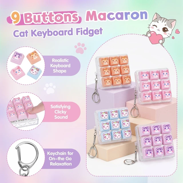 Alt view image 3 of 6 - Macaron Cat Mechanical Keyboard Fidget Keychain with Clicky Sound | 9-Key Kawaii Keyboard KeyCaps Toys Clicker for Adults Cat Lover Stress Relief & Desk Decor