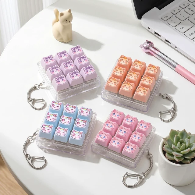 Alt view image 5 of 6 - Macaron Cat Mechanical Keyboard Fidget Keychain with Clicky Sound | 9-Key Kawaii Keyboard KeyCaps Toys Clicker for Adults Cat Lover Stress Relief & Desk Decor