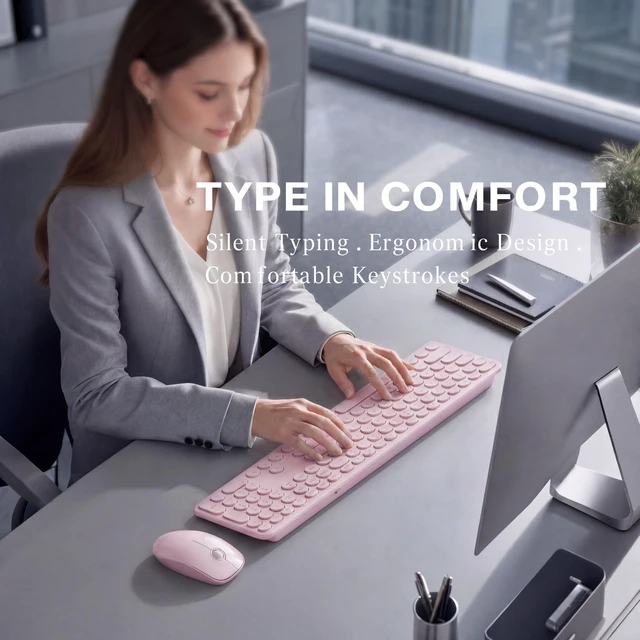 Alt view image 3 of 6 - Wireless Keyboard and Mouse Combo (Pink) | Retro Round Typewriter Keys, 2.4G Silent Connection, Ergonomic Aesthetic Desk Set for Home Office, Laptop, PC, Mac