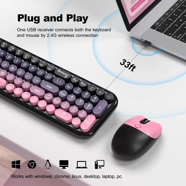 Alt view image 2 of 7 - Wireless Keyboard and Mouse Combo, Compact Typewriter Retro Round Computer Keyboard and Mouse Set, Plug and Play, for Windows, Computer, Desktop, PC, Notebook - (Plum Pink Gradient)