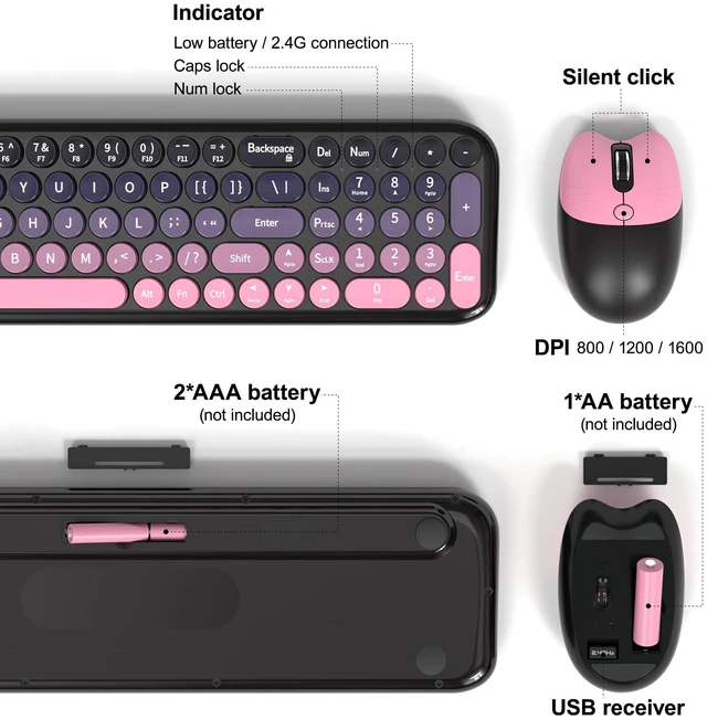 Alt view image 4 of 7 - Wireless Keyboard and Mouse Combo, Compact Typewriter Retro Round Computer Keyboard and Mouse Set, Plug and Play, for Windows, Computer, Desktop, PC, Notebook - (Plum Pink Gradient)