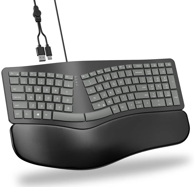 Main image of USB-A TYPE-C Ergonomic Keyboard Wired with Cushioned Wrist Rest | Curved Split Keyboard, 0-9 Number pad, Dual Interface, Adjustable Tilts, Office Work, for Windows/PC/Laptop, WK017