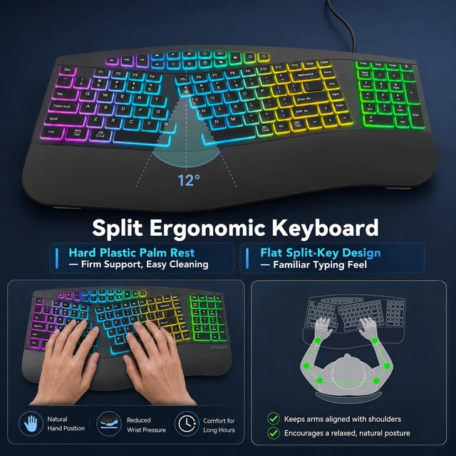 Alt view image 2 of 7 - Wired Ergonomic Split Keyboard with RGB Backlight & Numpad, Black | Wrist Rest, 3 Typing Angles, 17 Light Modes, 5 Brightness Levels, Full Size, for Windows/Mac, USB-A Port with USB-C adapter