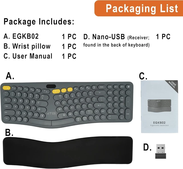 Alt view image 3 of 6 - ProType S Wireless Split Ergonomic Keyboard for Long Nails, Carpal Tunnel Relief, 2.4G & Bluetooth, Rechargeable, Detachable Palm Rest, Quiet Mechanical Keys for Windows, Mac, iPad