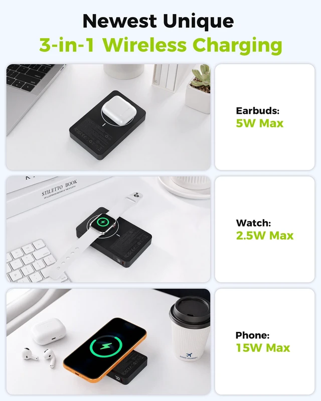 Alt view image 2 of 7 - Magnetic Portable Charger Power Bank 10000mAh for Magsafe Charging | 20W USB-C PD Fast Charging with LED Display, 3-in-1 wireless charging for Apple Watch, AirPods, iPhone18/17/16, iPad, Samsung