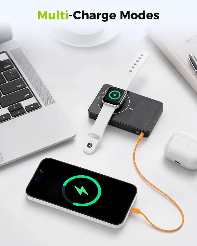 Alt view image 4 of 7 - Magnetic Portable Charger Power Bank 10000mAh for Magsafe Charging | 20W USB-C PD Fast Charging with LED Display, 3-in-1 wireless charging for Apple Watch, AirPods, iPhone18/17/16, iPad, Samsung