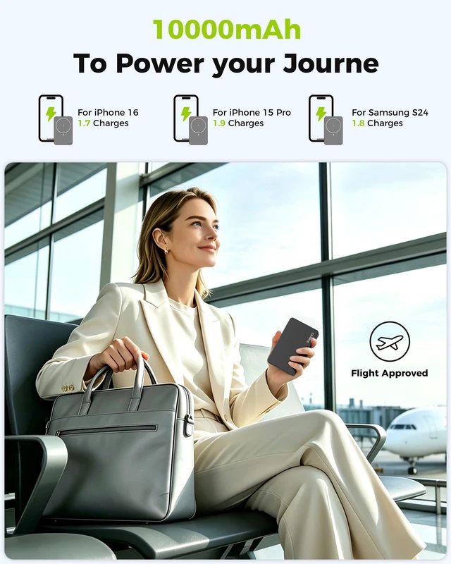 Alt view image 7 of 7 - Magnetic Portable Charger Power Bank 10000mAh for Magsafe Charging | 20W USB-C PD Fast Charging with LED Display, 3-in-1 wireless charging for Apple Watch, AirPods, iPhone18/17/16, iPad, Samsung