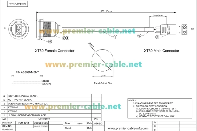 Alt view image 7 of 7 - XT60 Male to Female Panel Mount Battery Power Extension Cable, 16AWG (1FT)