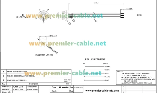 Alt view image 7 of 7 - M12 L-Code 5 Pin Female Panel Mount Power Receptacle Cable (0.15M/0.5FT)