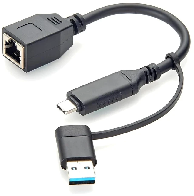 Main image of 2-in-1 USB-A USB-C to RJ45 Female Gigabit Ethernet LAN Cable (10cm)