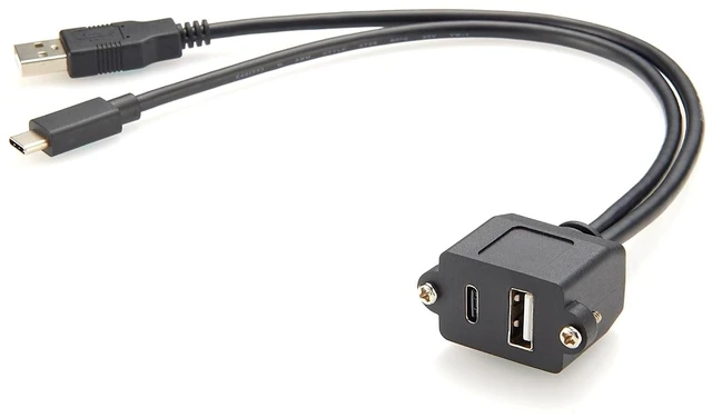 Main image of Dual USB 2.0 A & Type C Male to Female Panel Mount Extension Cable (1FT)