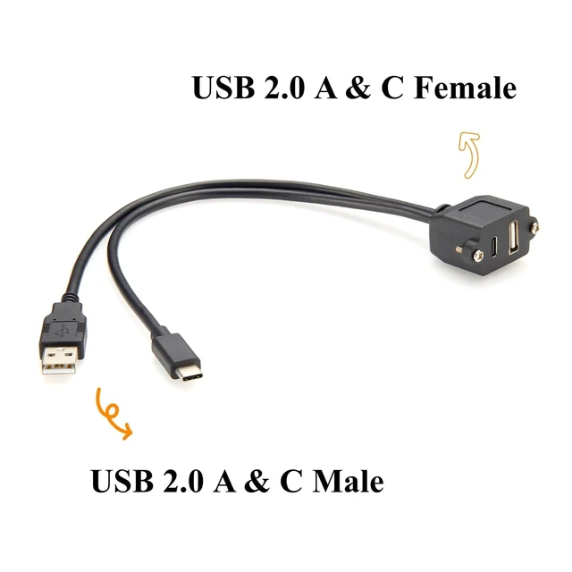 Alt view image 2 of 7 - Dual USB 2.0 A & Type C Male to Female Panel Mount Extension Cable (1FT)
