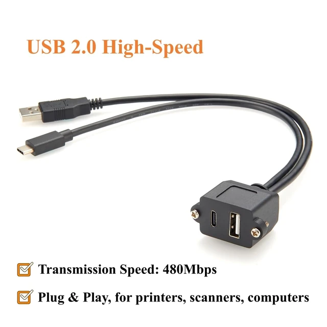 Alt view image 4 of 7 - Dual USB 2.0 A & Type C Male to Female Panel Mount Extension Cable (1FT)