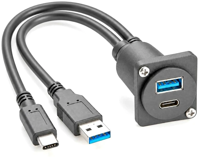 Main image of Dual USB 3.0 A & USB 3.1 C Male to Female Panel Mount Extension Cable (1FT)