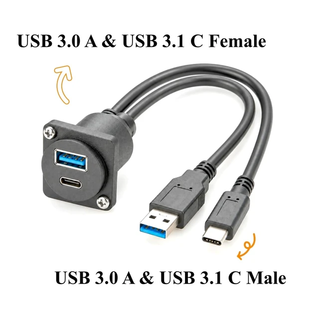 Alt view image 2 of 7 - Dual USB 3.0 A & USB 3.1 C Male to Female Panel Mount Extension Cable (1FT)
