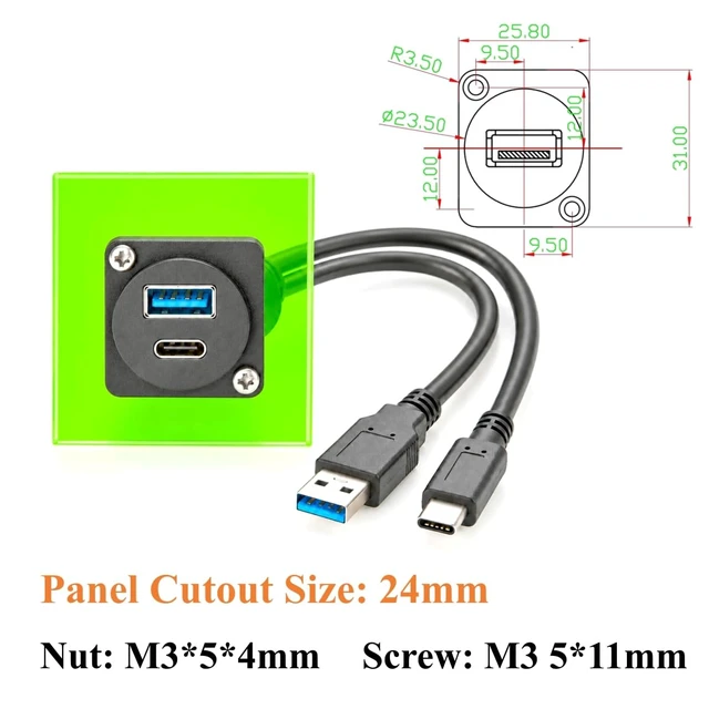Alt view image 3 of 7 - Dual USB 3.0 A & USB 3.1 C Male to Female Panel Mount Extension Cable (1FT)