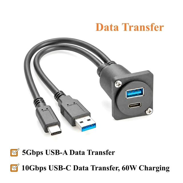 Alt view image 4 of 7 - Dual USB 3.0 A & USB 3.1 C Male to Female Panel Mount Extension Cable (1FT)