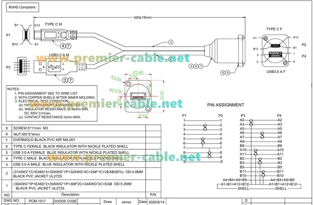 Alt view image 7 of 7 - Dual USB 3.0 A & USB 3.1 C Male to Female Panel Mount Extension Cable (1FT)