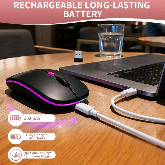 Alt view image 5 of 7 - Rechargeable Wireless Mouse with 7-Color LED, Black Dual Mode Bluetooth 5.2 + 2.4G USB Receiver, Slim Portable Cordless Mouse for Laptop, iPad, Mac, Chromebook