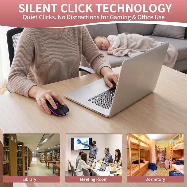Alt view image 7 of 7 - Rechargeable Wireless Mouse with 7-Color LED, Black Dual Mode Bluetooth 5.2 + 2.4G USB Receiver, Slim Portable Cordless Mouse for Laptop, iPad, Mac, Chromebook