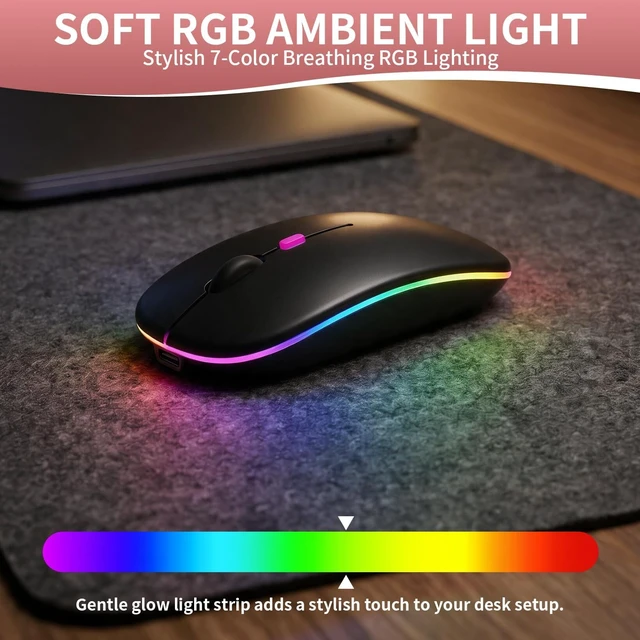 Alt view image 3 of 7 - Rechargeable Wireless Mouse with 7-Color LED, Black Dual Mode Bluetooth 5.2 + 2.4G USB Receiver, Slim Portable Cordless Mouse for Laptop, iPad, Mac, Chromebook