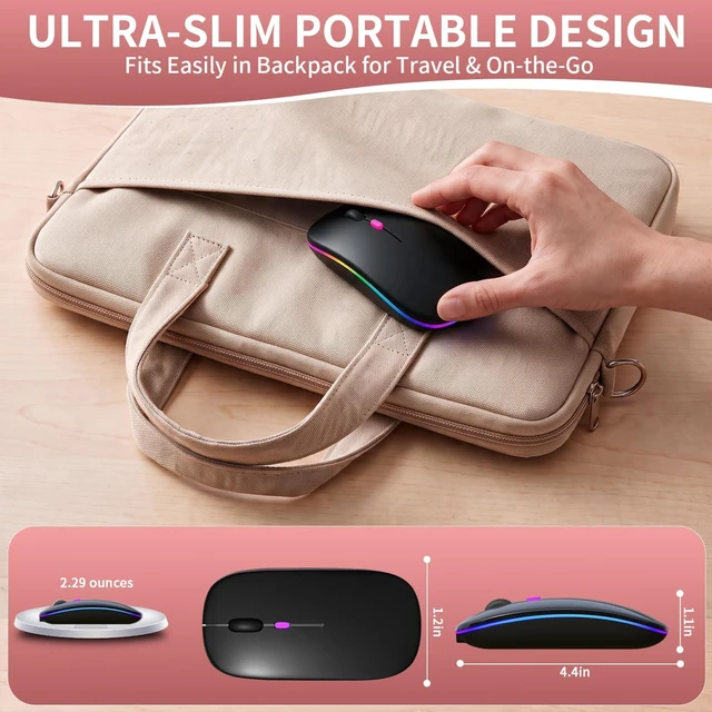 Alt view image 4 of 7 - Rechargeable Wireless Mouse with 7-Color LED, Black Dual Mode Bluetooth 5.2 + 2.4G USB Receiver, Slim Portable Cordless Mouse for Laptop, iPad, Mac, Chromebook