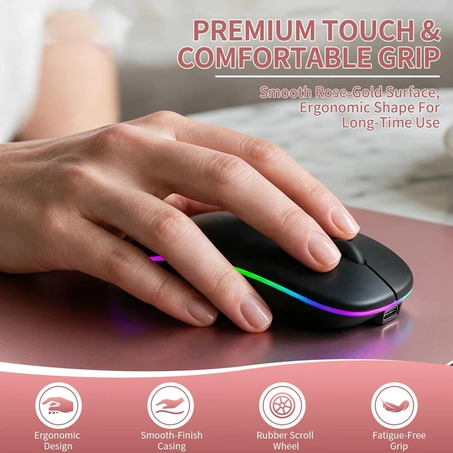 Alt view image 6 of 7 - Rechargeable Wireless Mouse with 7-Color LED, Black Dual Mode Bluetooth 5.2 + 2.4G USB Receiver, Slim Portable Cordless Mouse for Laptop, iPad, Mac, Chromebook