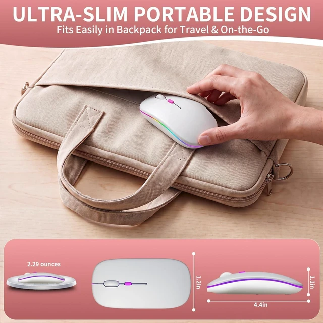 Alt view image 7 of 7 - Rechargeable Wireless Mouse with 7-Color LED, White Dual Mode Bluetooth 5.2 + 2.4G USB Receiver, Slim Portable Cordless Mouse for Laptop, iPad, Mac, Chromebook