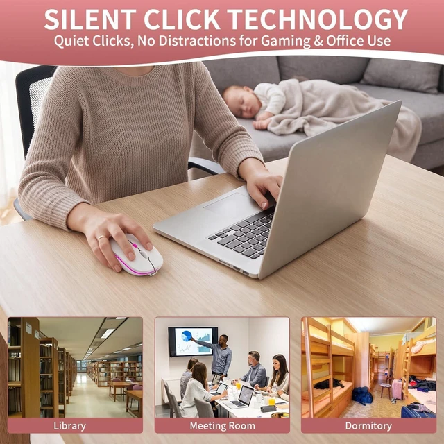 Alt view image 6 of 7 - Rechargeable Wireless Mouse with 7-Color LED, White Dual Mode Bluetooth 5.2 + 2.4G USB Receiver, Slim Portable Cordless Mouse for Laptop, iPad, Mac, Chromebook