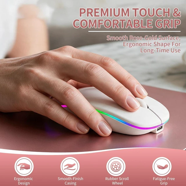 Alt view image 5 of 7 - Rechargeable Wireless Mouse with 7-Color LED, White Dual Mode Bluetooth 5.2 + 2.4G USB Receiver, Slim Portable Cordless Mouse for Laptop, iPad, Mac, Chromebook