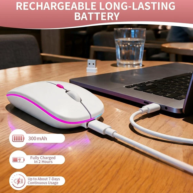 Alt view image 4 of 7 - Rechargeable Wireless Mouse with 7-Color LED, White Dual Mode Bluetooth 5.2 + 2.4G USB Receiver, Slim Portable Cordless Mouse for Laptop, iPad, Mac, Chromebook