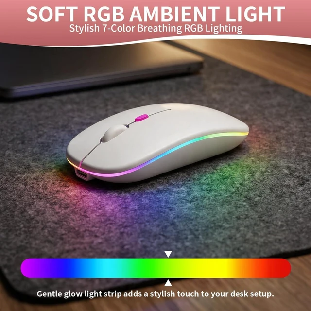 Alt view image 2 of 7 - Rechargeable Wireless Mouse with 7-Color LED, White Dual Mode Bluetooth 5.2 + 2.4G USB Receiver, Slim Portable Cordless Mouse for Laptop, iPad, Mac, Chromebook
