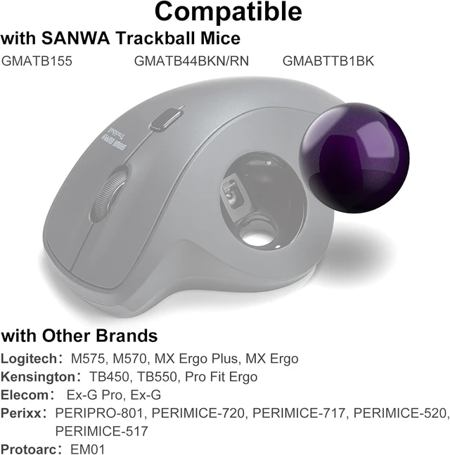 Alt view image 2 of 7 - SANWA Trackball 34mm/1.34in, Replacement Ball for Logitech m575, m570, MX Ergo, Perixx, Kensington, Elecom, and Other Compatible Trackball Mouse, Glossy Purple