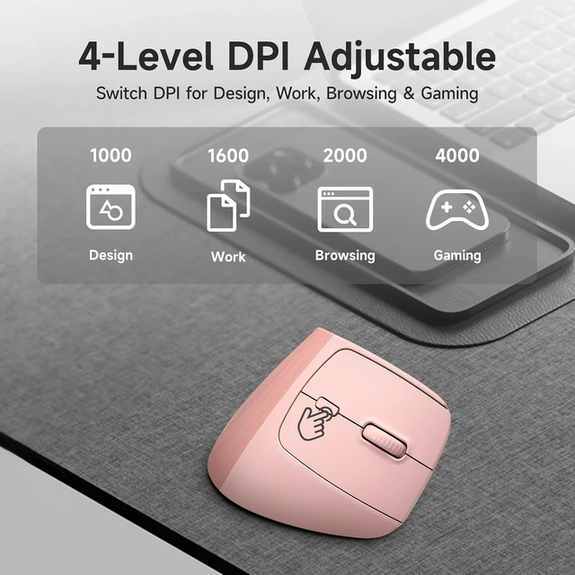 Alt view image 7 of 7 - SANWA Wireless Ergonomic Mouse for Large Hands with Wrist Rest, Pink 3 Device Switch, Silent Click, 46° Vertical Mouse, 1000-4000 DPI, 2 Bluetooth 5.4+2.4G, Compatible Win/Mac/Laptop/PC