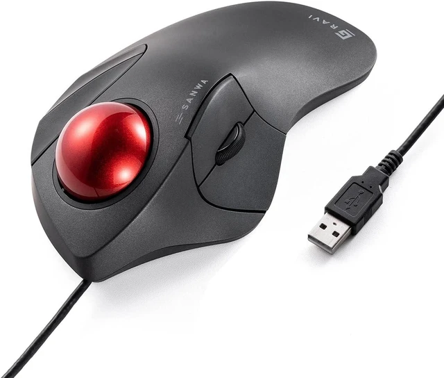 Main image of SANWA Wired Trackball Mouse, Index Finger Roller Ball Mouse for Large Hands Silent Click, Programmable with Software, Mouse with Ball 44mm, Ergonomic, 600/800/1200/1600 DPI, Compatible Win, Mac, PC