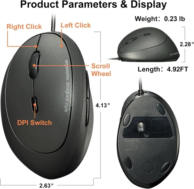 Alt view image 7 of 7 - SANWA Left Hand Ergonomic Mouse, Wired Lefty Mouse for Small & Medium Hands 1000/1600/2400/3200 DPI, Reduce Wrist Strain, Leftie USB Ergo Mice, Plug & Play, Compatible Win, Mac, Office, Home, Black