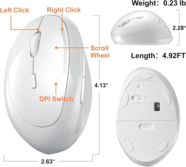 Alt view image 7 of 7 - SANWA 2.4G Wireless Left Handed Mouse, Lefty Ergonomic Mouse for S & M Hand Ergo Vertical Mouse for Leftie, Comfort Grip, 800/1200/1600 DPI, Plug & Play USB Receiver, Compatible Win, Mac, PC, White