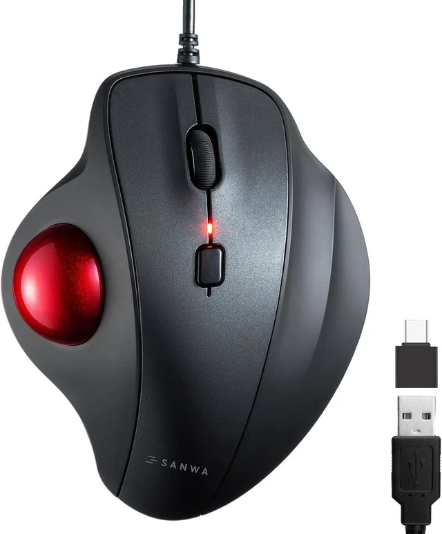 Main image of SANWA Wired Trackball Mouse, USB-C/A Port, Silent Clicks, Programmable, Red Right-hand Thumb Control, 600-1600 DPI, Smooth Roller Ball, Wrist Relief, Plug-and-Play, Compatible Win/ Mac, Remap Software