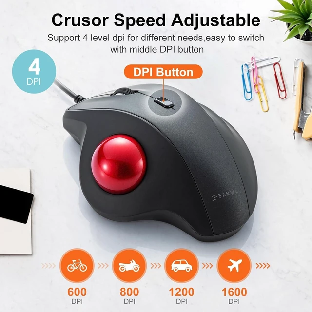 Alt view image 2 of 7 - SANWA Wired Trackball Mouse, USB-C/A Port, Silent Clicks, Programmable, Red Right-hand Thumb Control, 600-1600 DPI, Smooth Roller Ball, Wrist Relief, Plug-and-Play, Compatible Win/ Mac, Remap Software